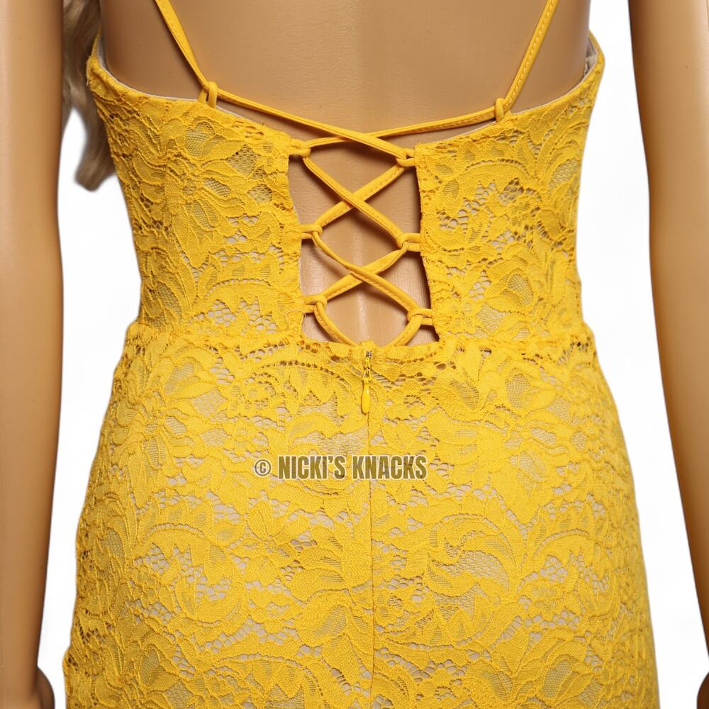 Material Girl Golden Yellow Lace Midi Dress Lace Up Back Asymmetrical Hem Size M - Picture 5 of 9
